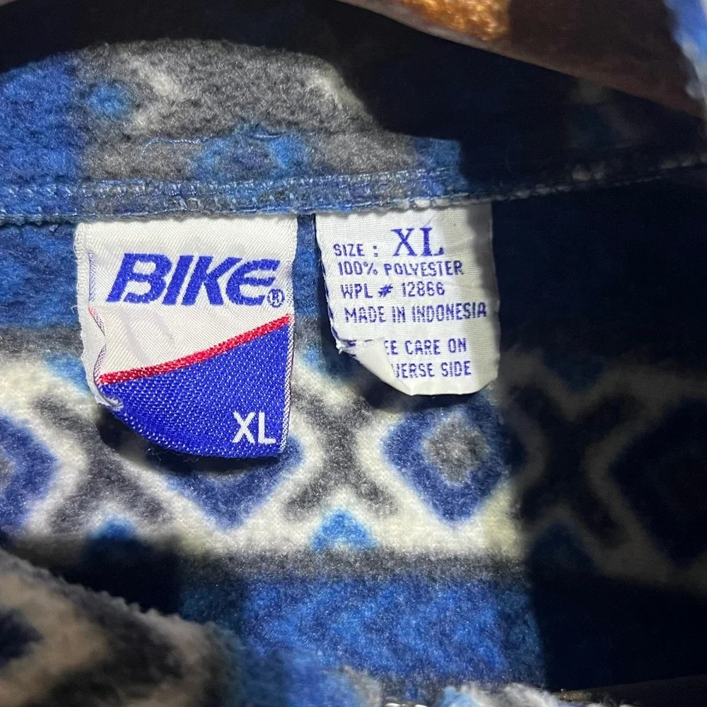 Vintage Bike Fleece Pullover Mens XL Blue Aztec Geometric Quarter Zip Sweater